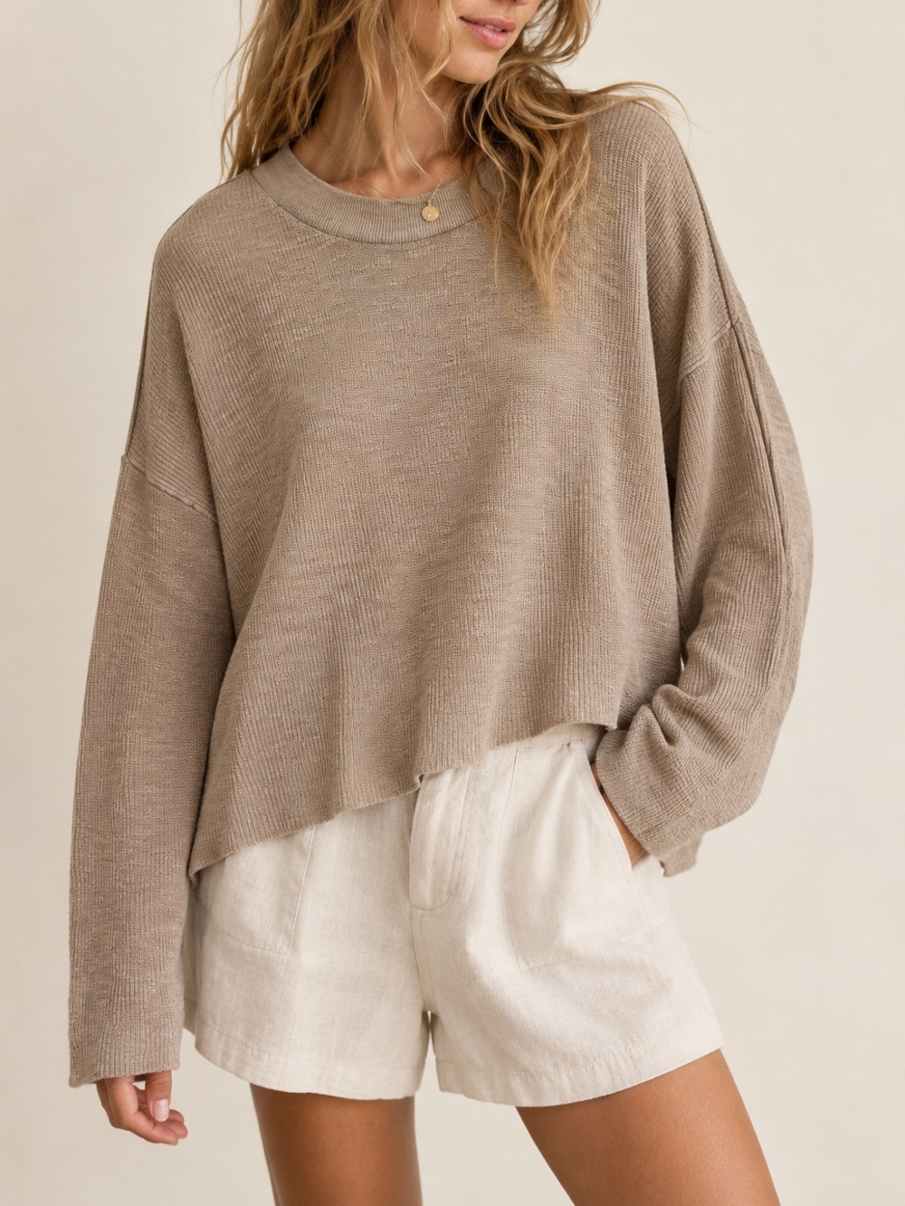 Free People Beach Beige Crewneck Oversized Knit Sweater Coastal Minimal M